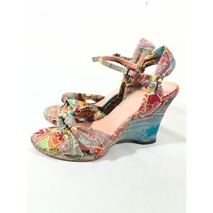 Anne Klein AK Ahnia Paisley Fabric Wedge Sandals Women 8M Multicolor Knot Accent